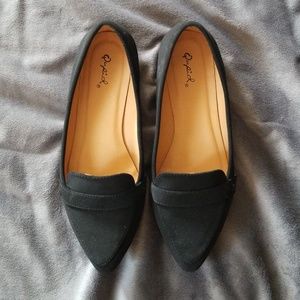 Qupid, black, flat, pointed toe loafer shoe.